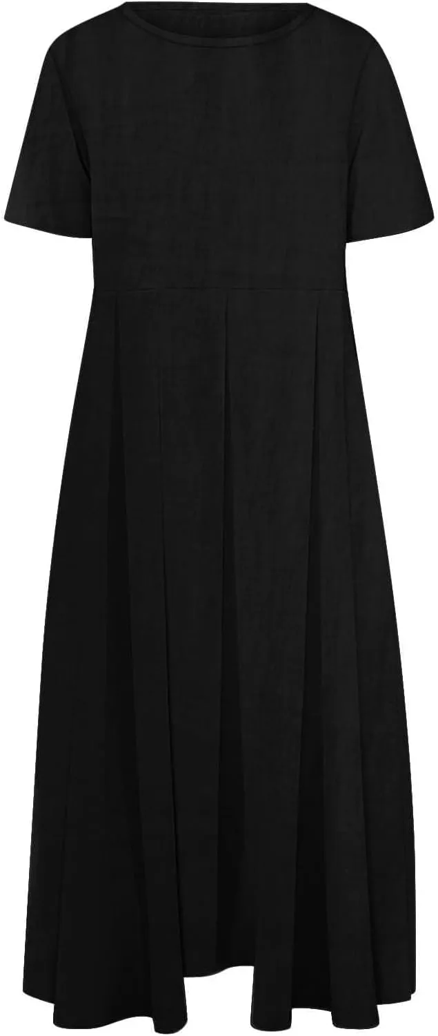 Women's Cotton Linen Maxi Dresses Plus Size Fashion Short Sleeves Crewneck Oversized Shirt Dress Beach Sundress