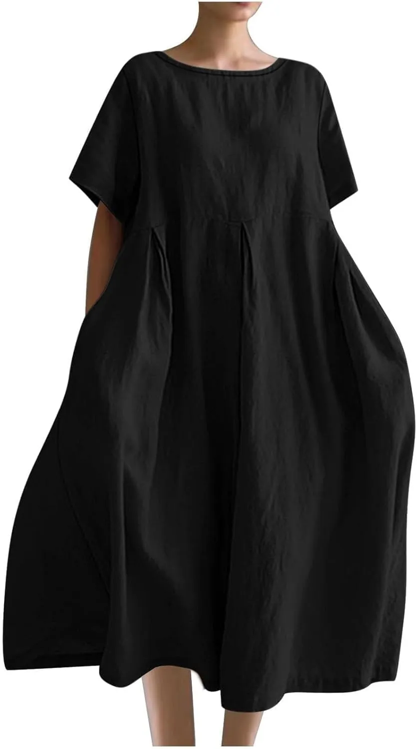 Women's Cotton Linen Maxi Dresses Plus Size Fashion Short Sleeves Crewneck Oversized Shirt Dress Beach Sundress