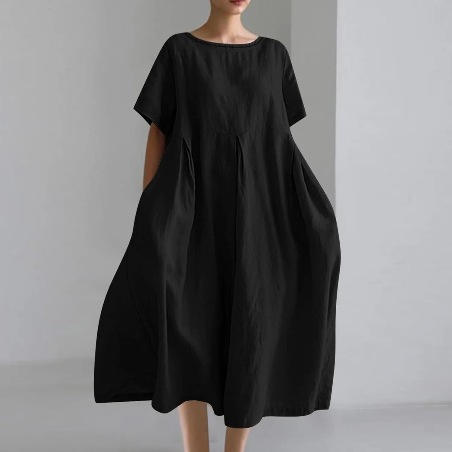 Women's Cotton Linen Maxi Dresses Plus Size Fashion Short Sleeves Crewneck Oversized Shirt Dress Beach Sundress
