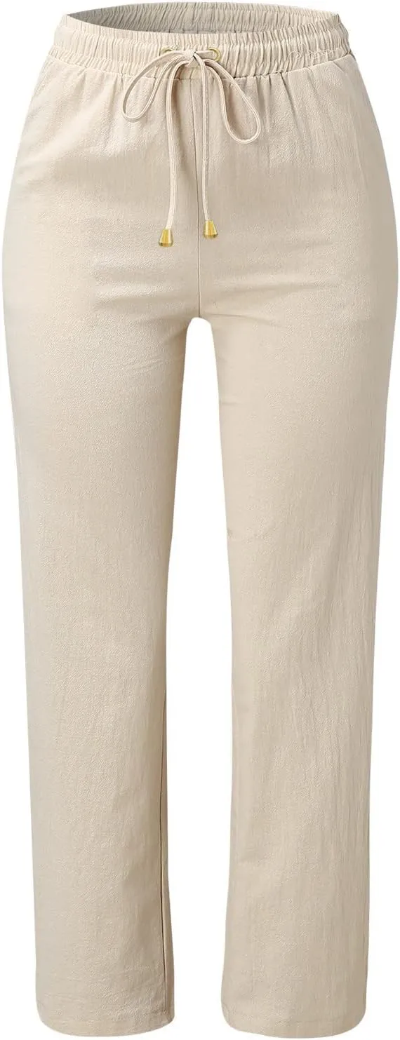 Women's Cotton Linen Pants Straight Leg Drawstring Elastic High Waist Loose Comfy Palazzo Trousers with Pockets