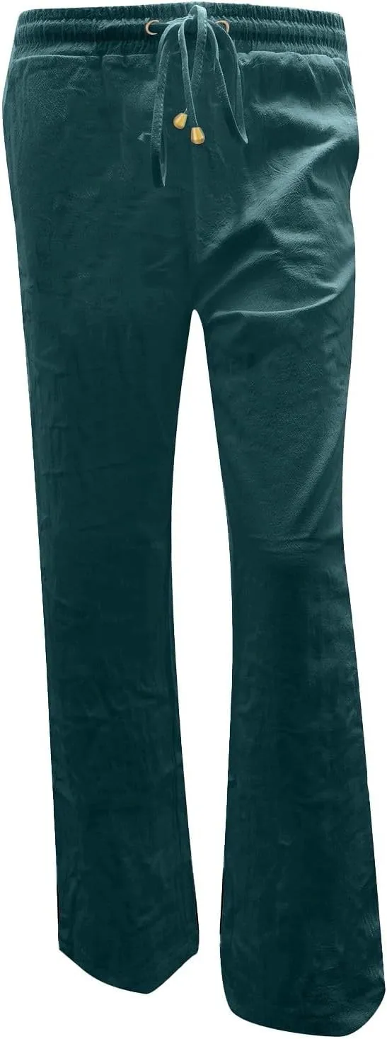 Women's Cotton Linen Pants Straight Leg Drawstring Elastic High Waist Loose Comfy Palazzo Trousers with Pockets