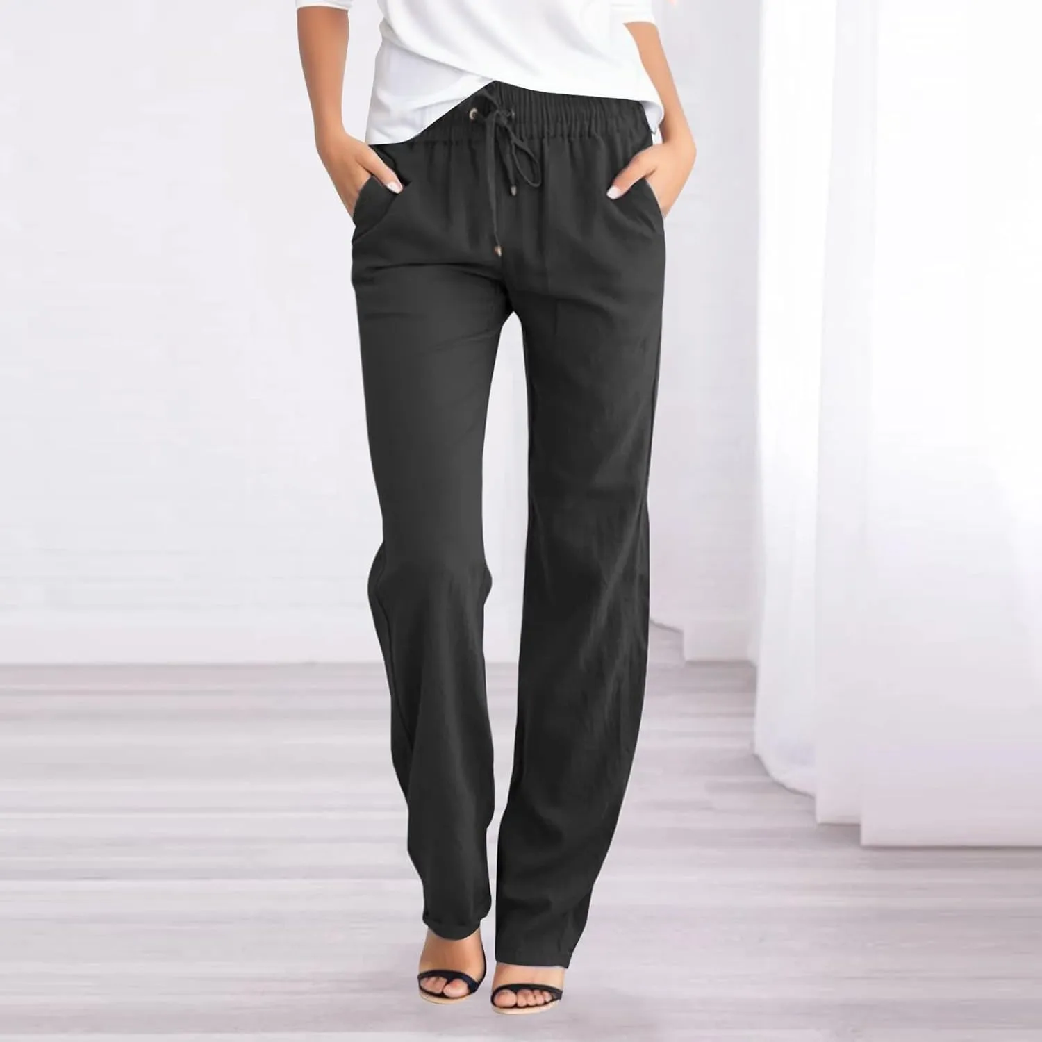 Women's Cotton Linen Pants Straight Leg Drawstring Elastic High Waist Loose Comfy Palazzo Trousers with Pockets