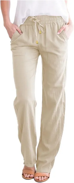 Women's Cotton Linen Pants Straight Leg Drawstring Elastic High Waist Loose Comfy Palazzo Trousers with Pockets