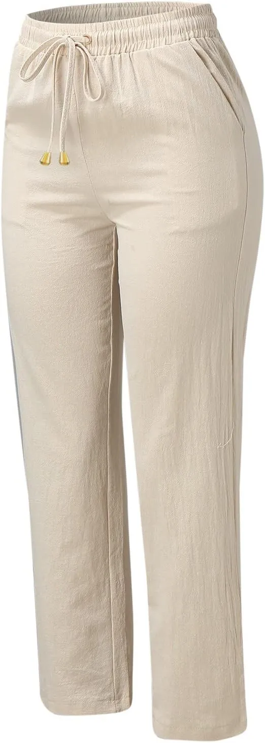 Women's Cotton Linen Pants Straight Leg Drawstring Elastic High Waist Loose Comfy Palazzo Trousers with Pockets