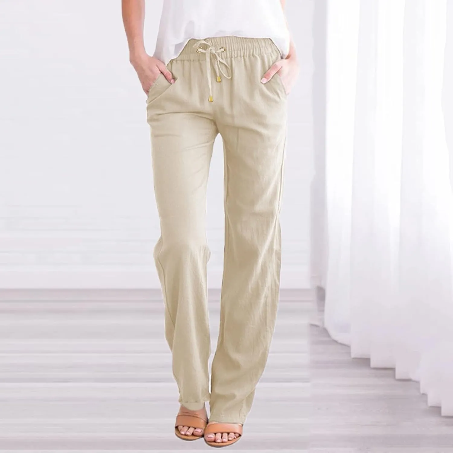 Women's Cotton Linen Pants Straight Leg Drawstring Elastic High Waist Loose Comfy Palazzo Trousers with Pockets