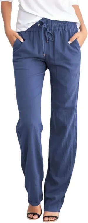 Women's Cotton Linen Pants Straight Leg Drawstring Elastic High Waist Loose Comfy Palazzo Trousers with Pockets