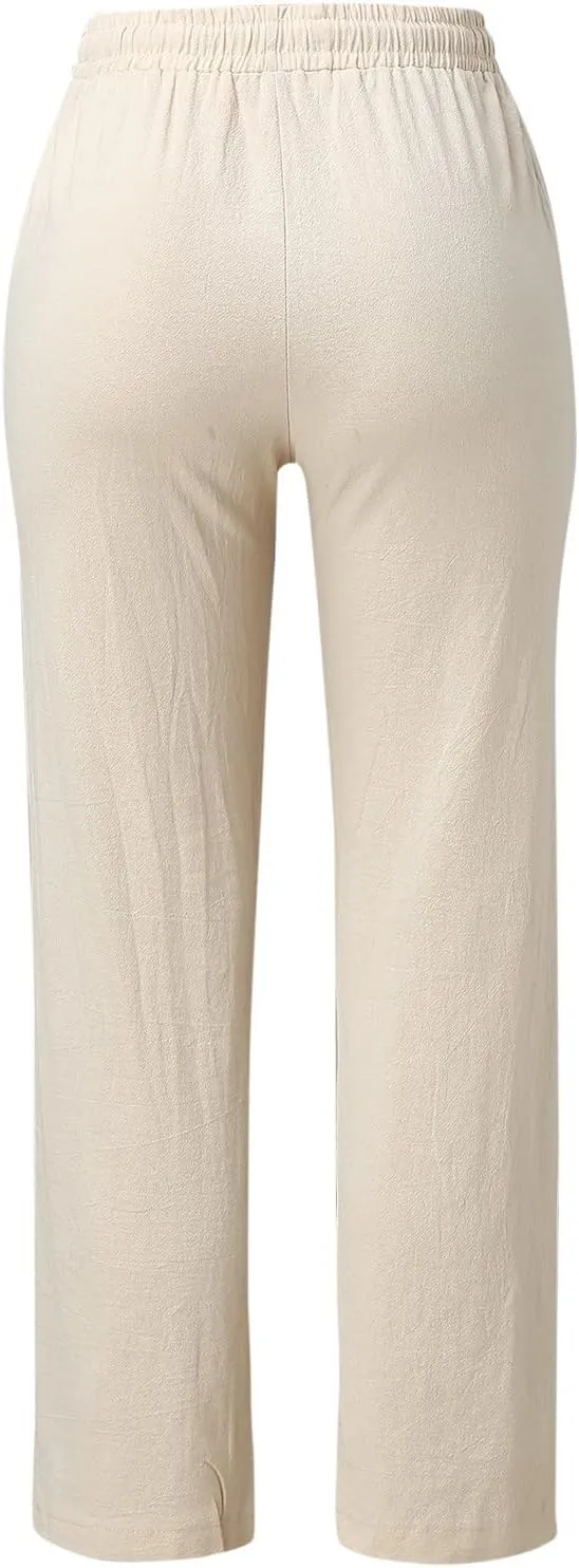 Women's Cotton Linen Pants Straight Leg Drawstring Elastic High Waist Loose Comfy Palazzo Trousers with Pockets