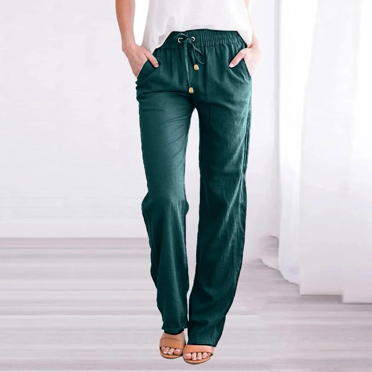Women's Cotton Linen Pants Straight Leg Drawstring Elastic High Waist Loose Comfy Palazzo Trousers with Pockets