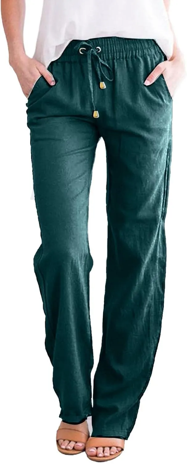 Women's Cotton Linen Pants Straight Leg Drawstring Elastic High Waist Loose Comfy Palazzo Trousers with Pockets