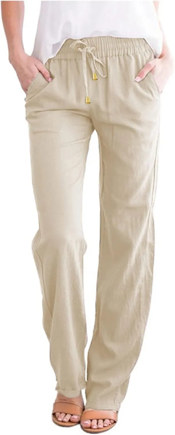 Women's Cotton Linen Pants Straight Leg Drawstring Elastic High Waist Loose Comfy Palazzo Trousers with Pockets