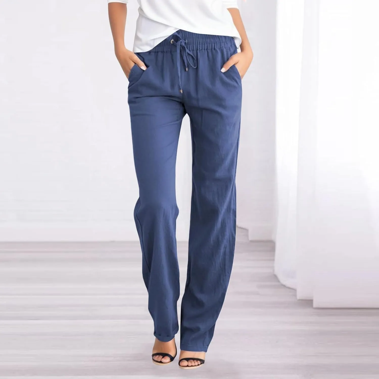 Women's Cotton Linen Pants Straight Leg Drawstring Elastic High Waist Loose Comfy Palazzo Trousers with Pockets