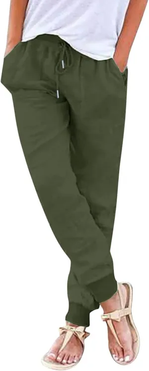 Womens Cotton Linen Tapered Pants Summer Casual Elastic Waist Drawstring Pants Pleated Comfy Fit Soft Trousers with Pockets