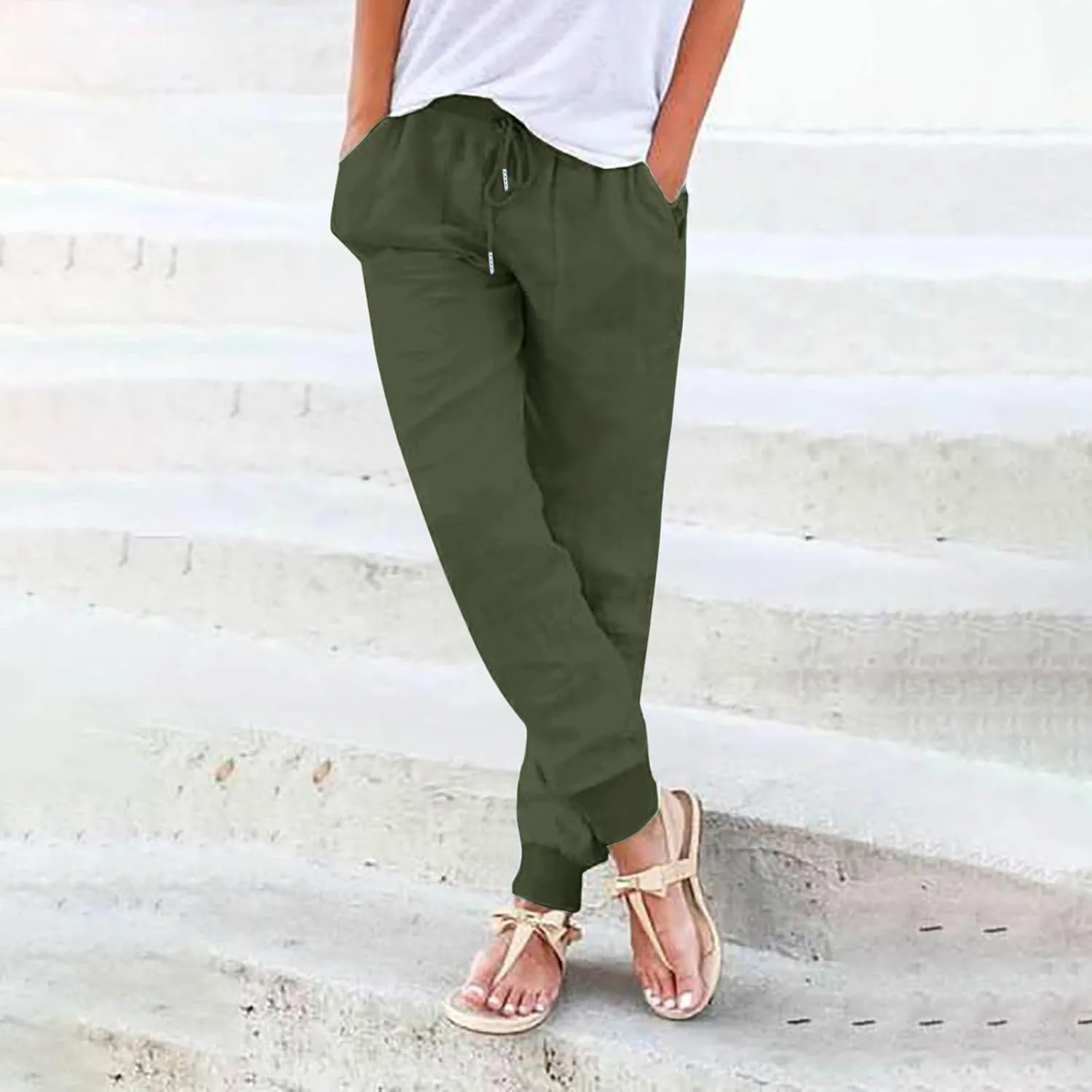 Womens Cotton Linen Tapered Pants Summer Casual Elastic Waist Drawstring Pants Pleated Comfy Fit Soft Trousers with Pockets