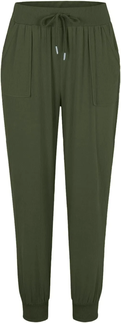 Womens Cotton Linen Tapered Pants Summer Casual Elastic Waist Drawstring Pants Pleated Comfy Fit Soft Trousers with Pockets