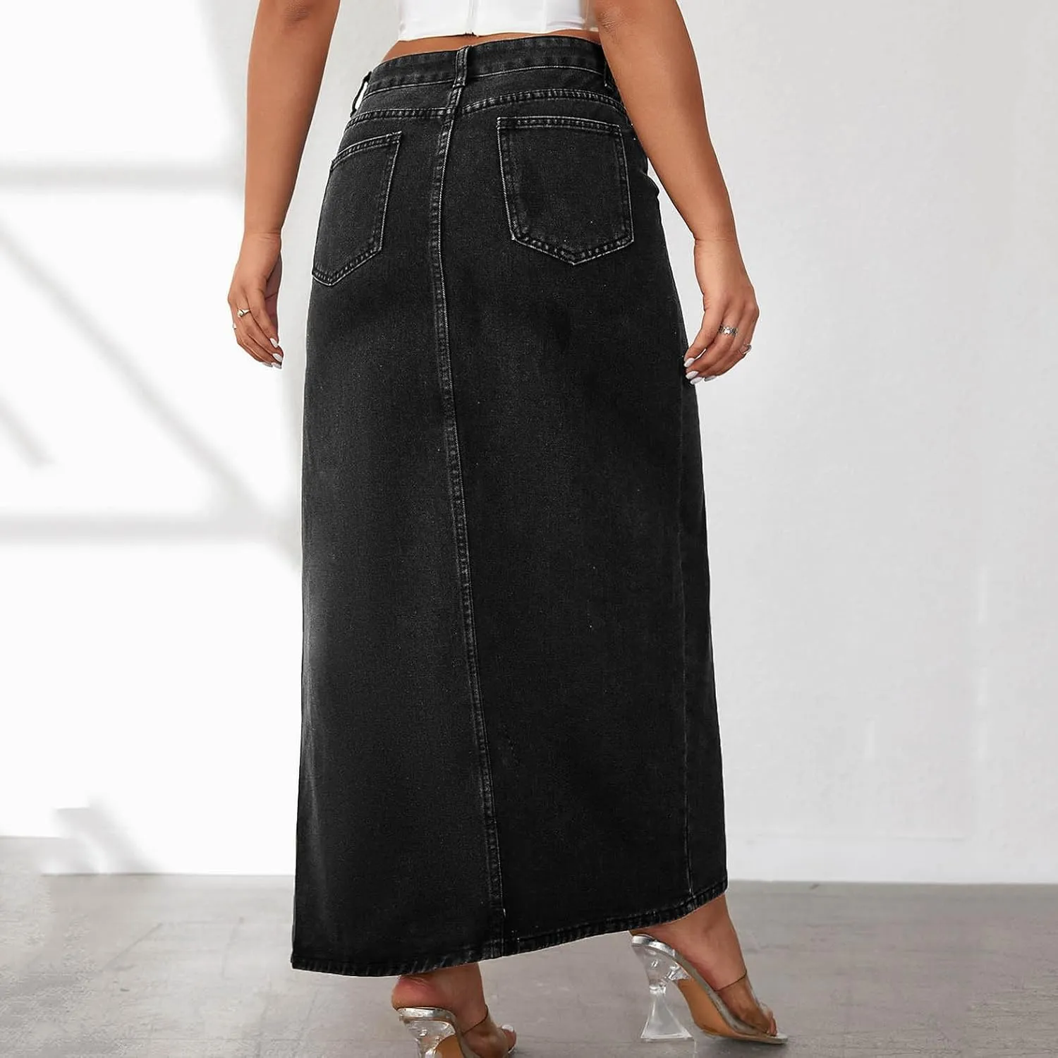 Women's Denim Skirts Sexy Side Split Jean Skirt Casual High Waisted Zip Up Maxi Skirts 2025 Spring Summer Long Skirts