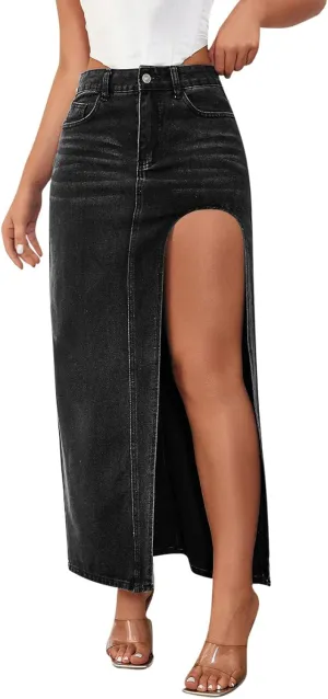Women's Denim Skirts Sexy Side Split Jean Skirt Casual High Waisted Zip Up Maxi Skirts 2025 Spring Summer Long Skirts
