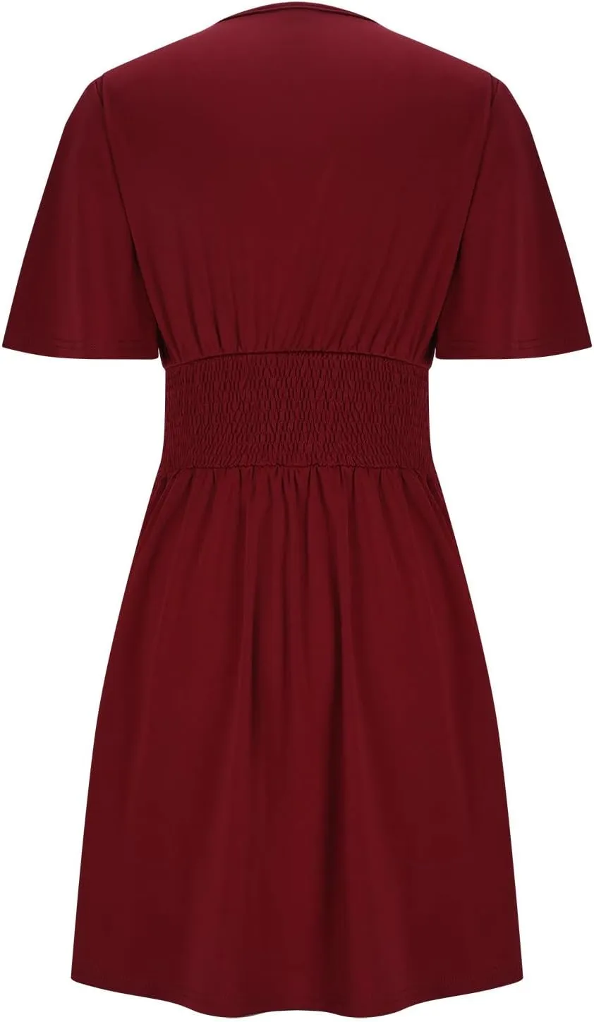 Women's Dress 2025 Summer Deep V Neck Elegant Ruffle Mini Dress Dresses Plain Wrap Ruched High Waist Flared A Line Dresses