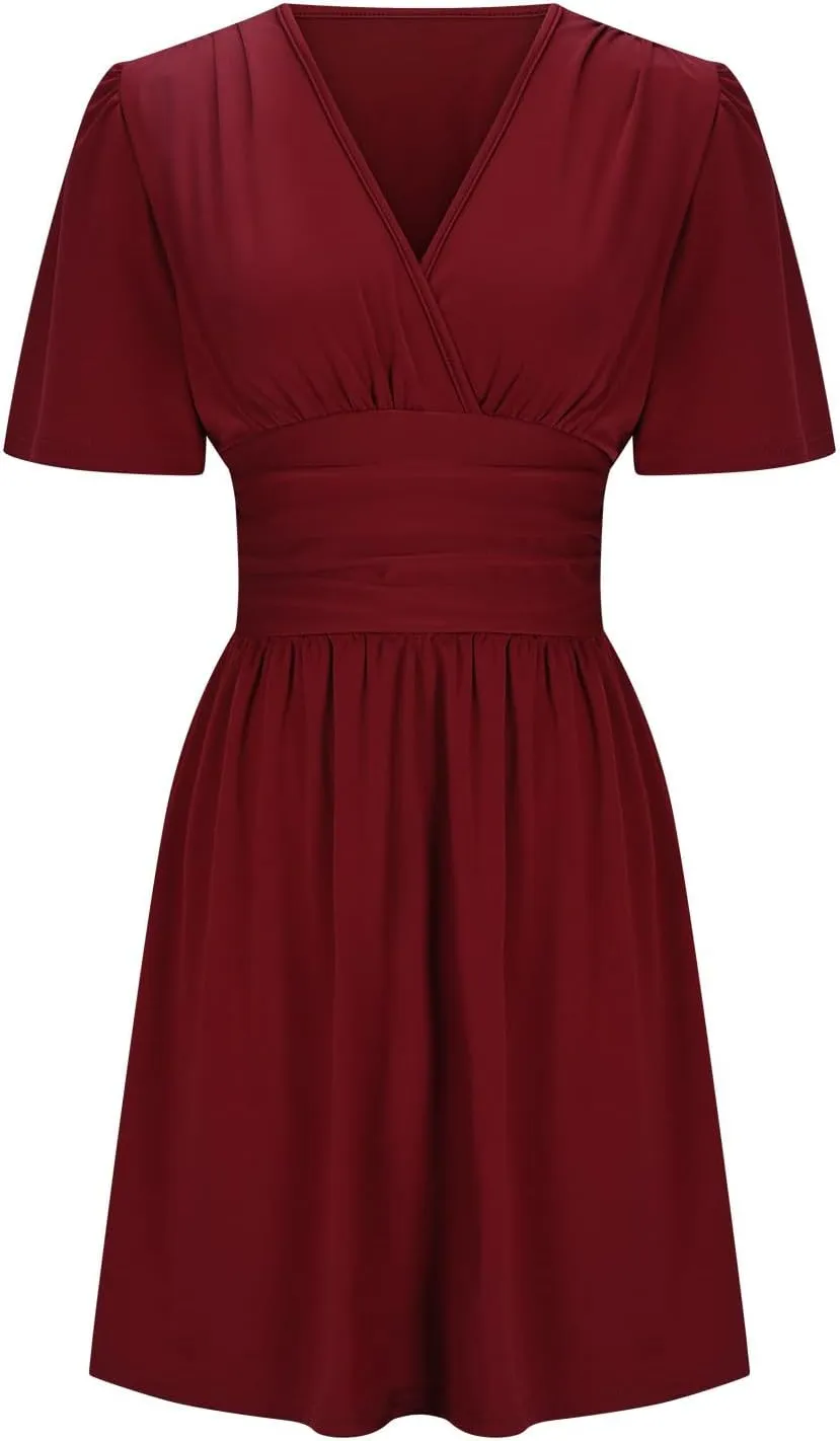 Women's Dress 2025 Summer Deep V Neck Elegant Ruffle Mini Dress Dresses Plain Wrap Ruched High Waist Flared A Line Dresses