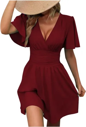 Women's Dress 2025 Summer Deep V Neck Elegant Ruffle Mini Dress Dresses Plain Wrap Ruched High Waist Flared A Line Dresses