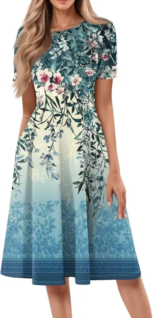 Womens Dresses 2025 Summer Crewneck Short Sleeve Cinch Waist A Line Dress Side Pockets Midi Sun Dress Vacation