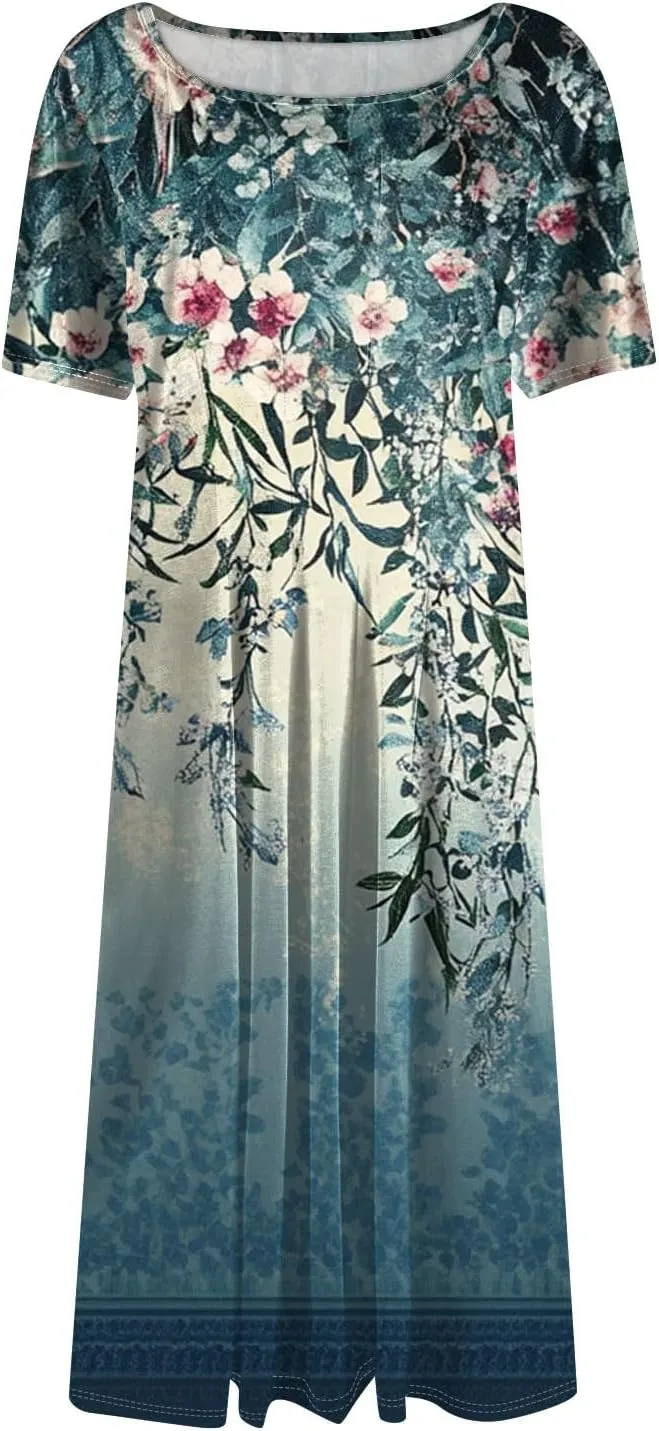Womens Dresses 2025 Summer Crewneck Short Sleeve Cinch Waist A Line Dress Side Pockets Midi Sun Dress Vacation