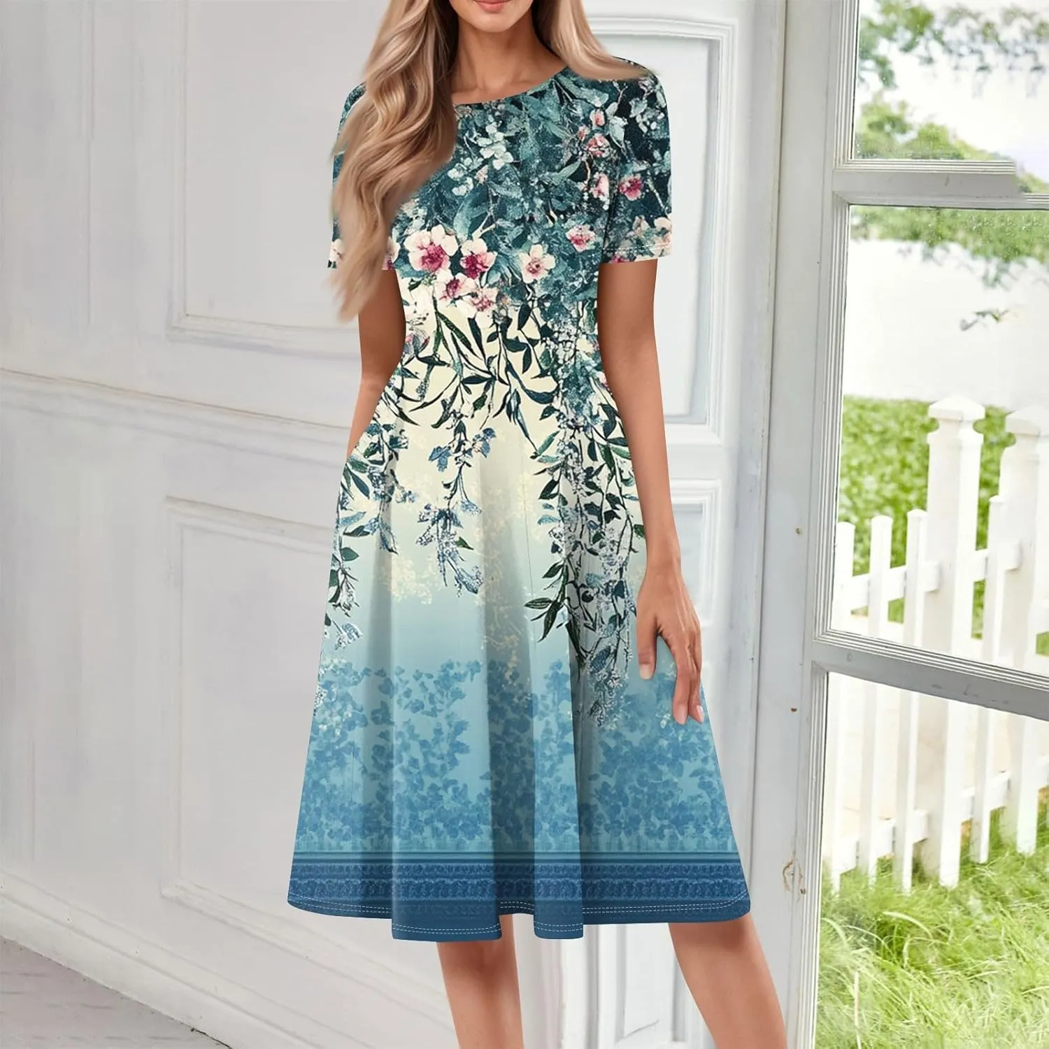 Womens Dresses 2025 Summer Crewneck Short Sleeve Cinch Waist A Line Dress Side Pockets Midi Sun Dress Vacation