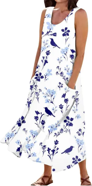 Womens Dresses Simple Casual Solid Color Sleeveless Dresses Cozy Cotton Dresses Summer Gradient Printed Long Dresses