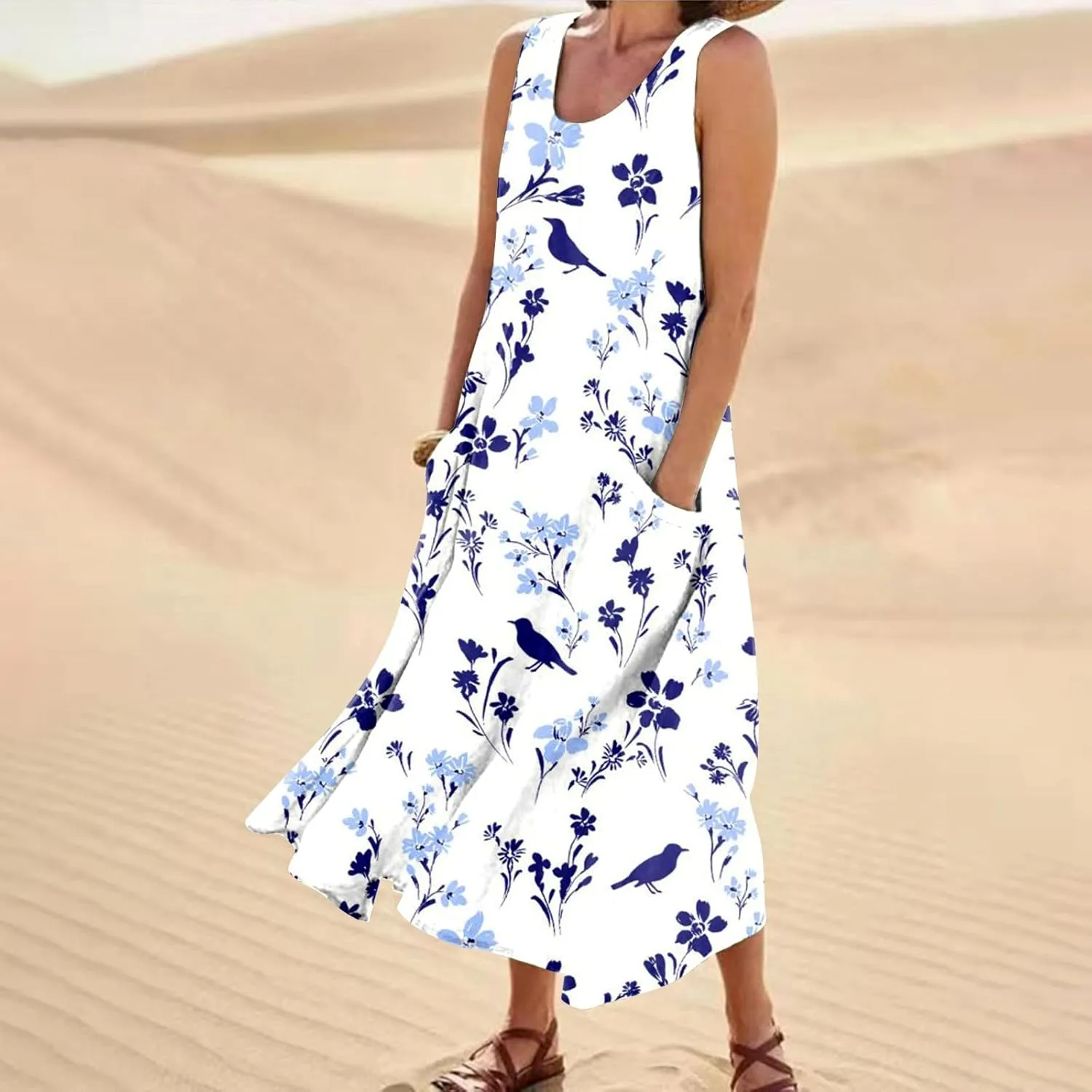 Womens Dresses Simple Casual Solid Color Sleeveless Dresses Cozy Cotton Dresses Summer Gradient Printed Long Dresses