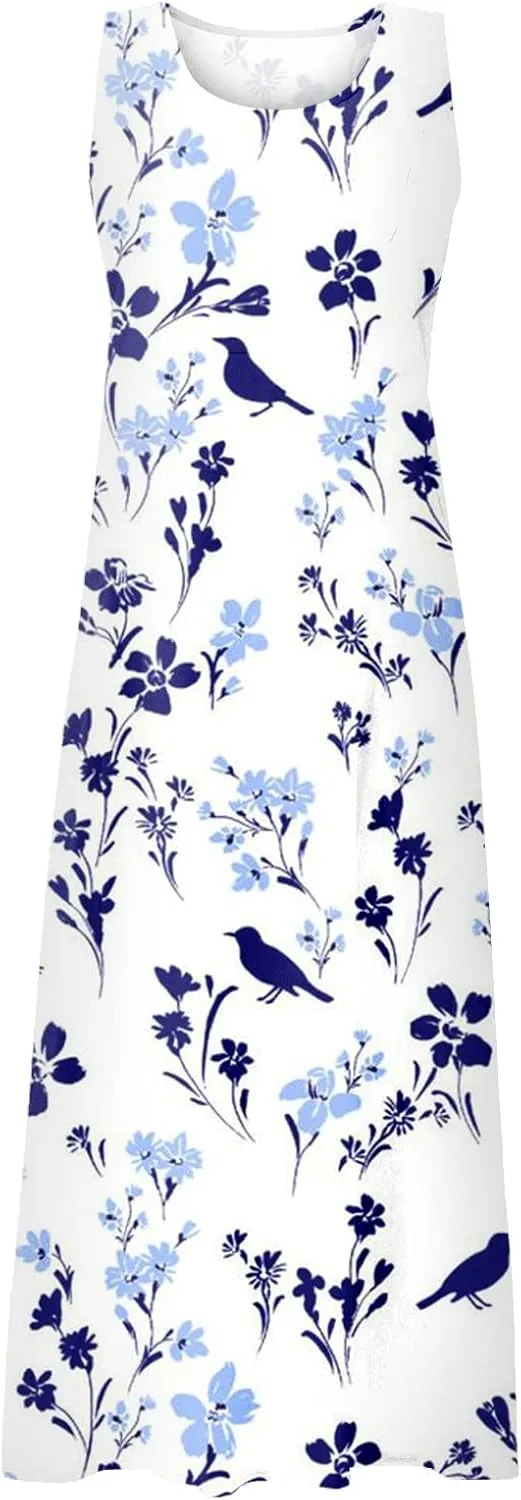Womens Dresses Simple Casual Solid Color Sleeveless Dresses Cozy Cotton Dresses Summer Gradient Printed Long Dresses