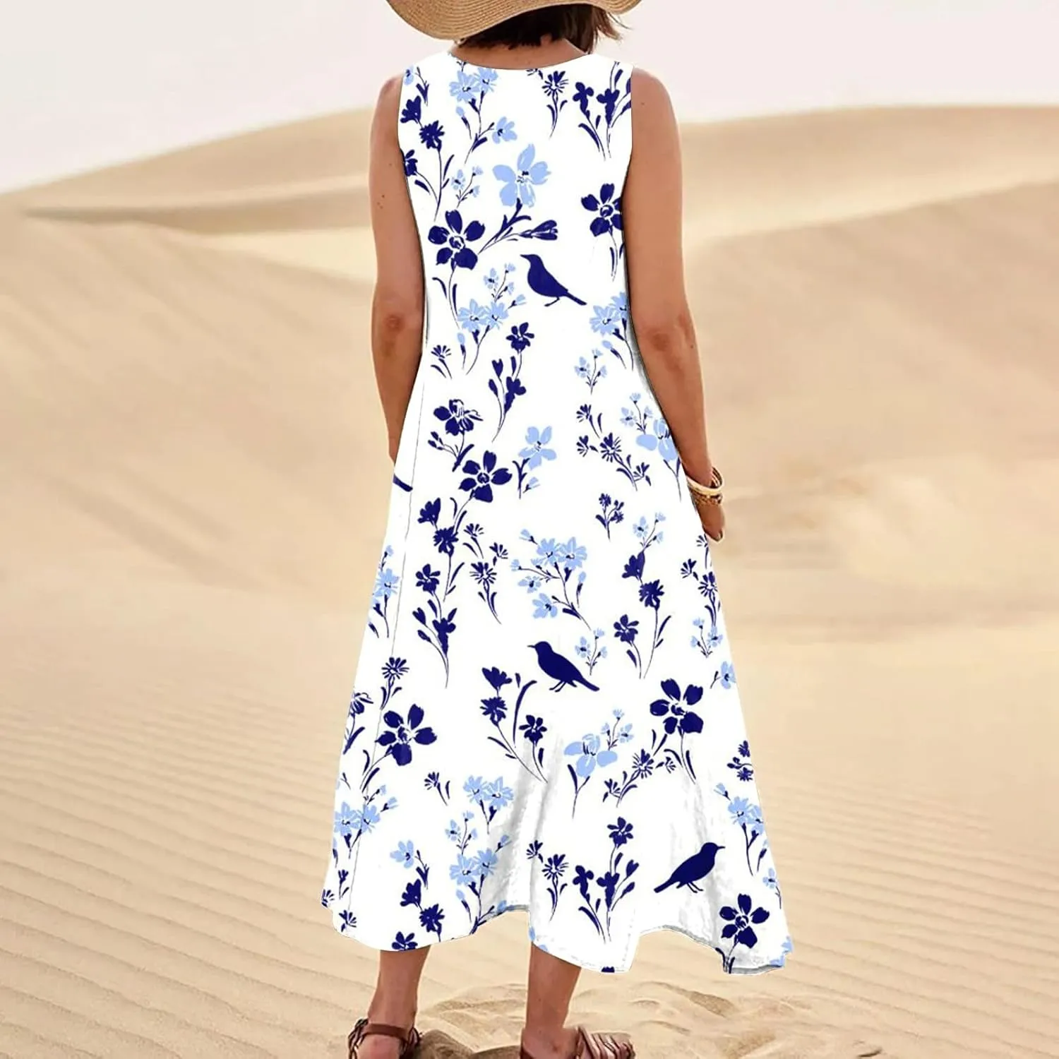 Womens Dresses Simple Casual Solid Color Sleeveless Dresses Cozy Cotton Dresses Summer Gradient Printed Long Dresses