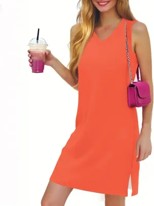 Womens Dresses Summer V Neck Sleeveless Sundresses Tank Dress 2025 Vacation Casual Beach Dress with Hem Split