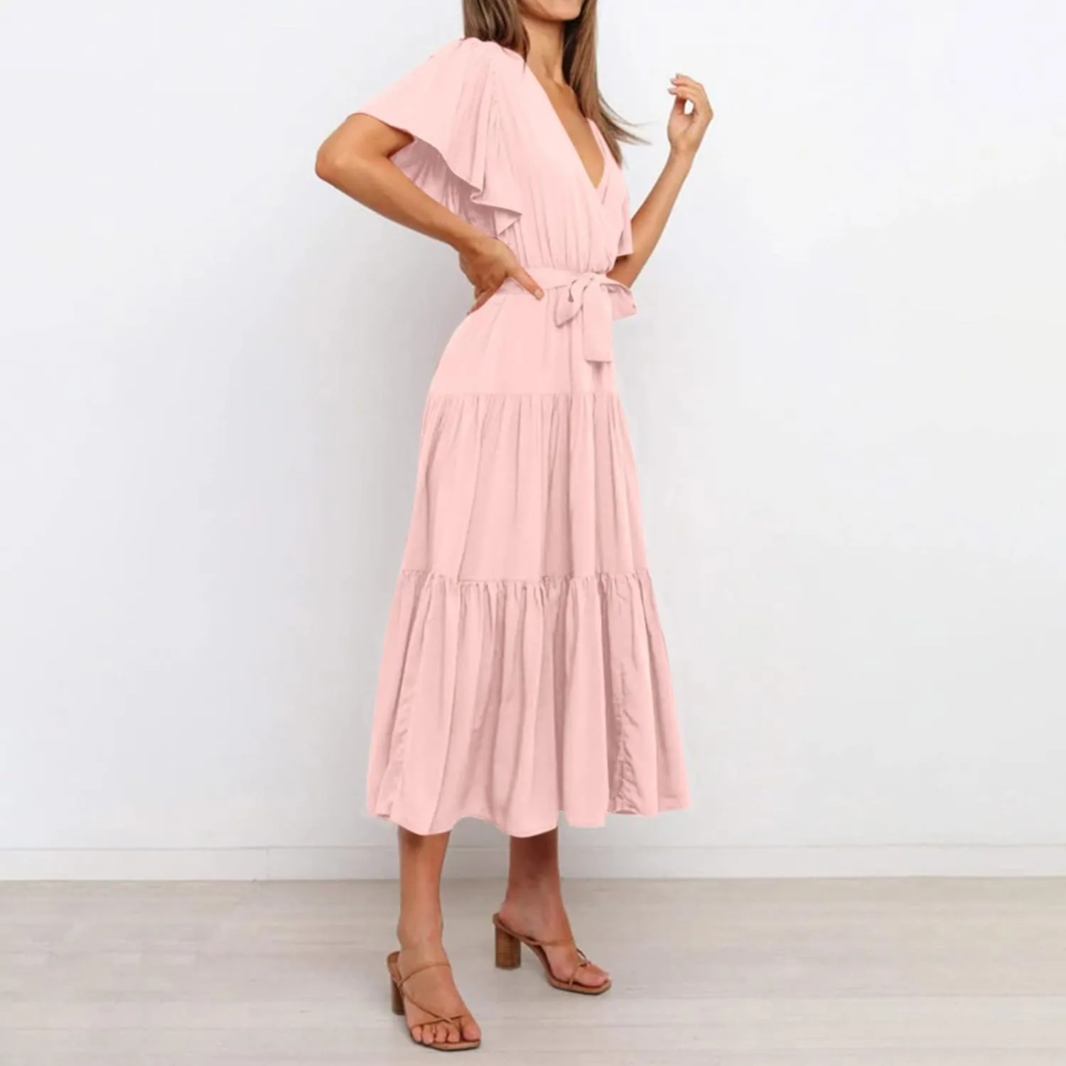 Womens Dresses V Neck Ruffle Sleeve Ankle Length Gowns Flowy Pleated Swing Wrap Boho Beach Dress