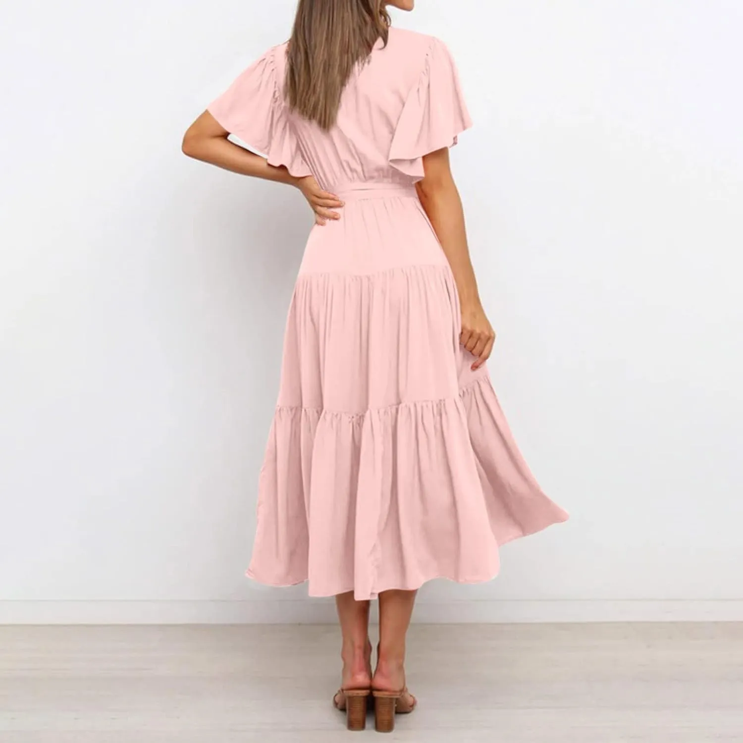 Womens Dresses V Neck Ruffle Sleeve Ankle Length Gowns Flowy Pleated Swing Wrap Boho Beach Dress