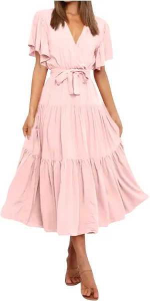 Womens Dresses V Neck Ruffle Sleeve Ankle Length Gowns Flowy Pleated Swing Wrap Boho Beach Dress