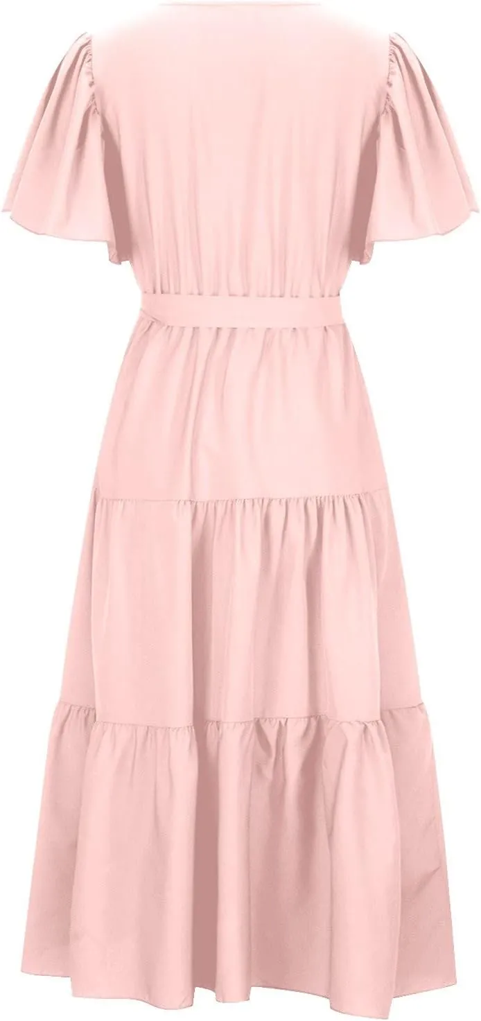 Womens Dresses V Neck Ruffle Sleeve Ankle Length Gowns Flowy Pleated Swing Wrap Boho Beach Dress