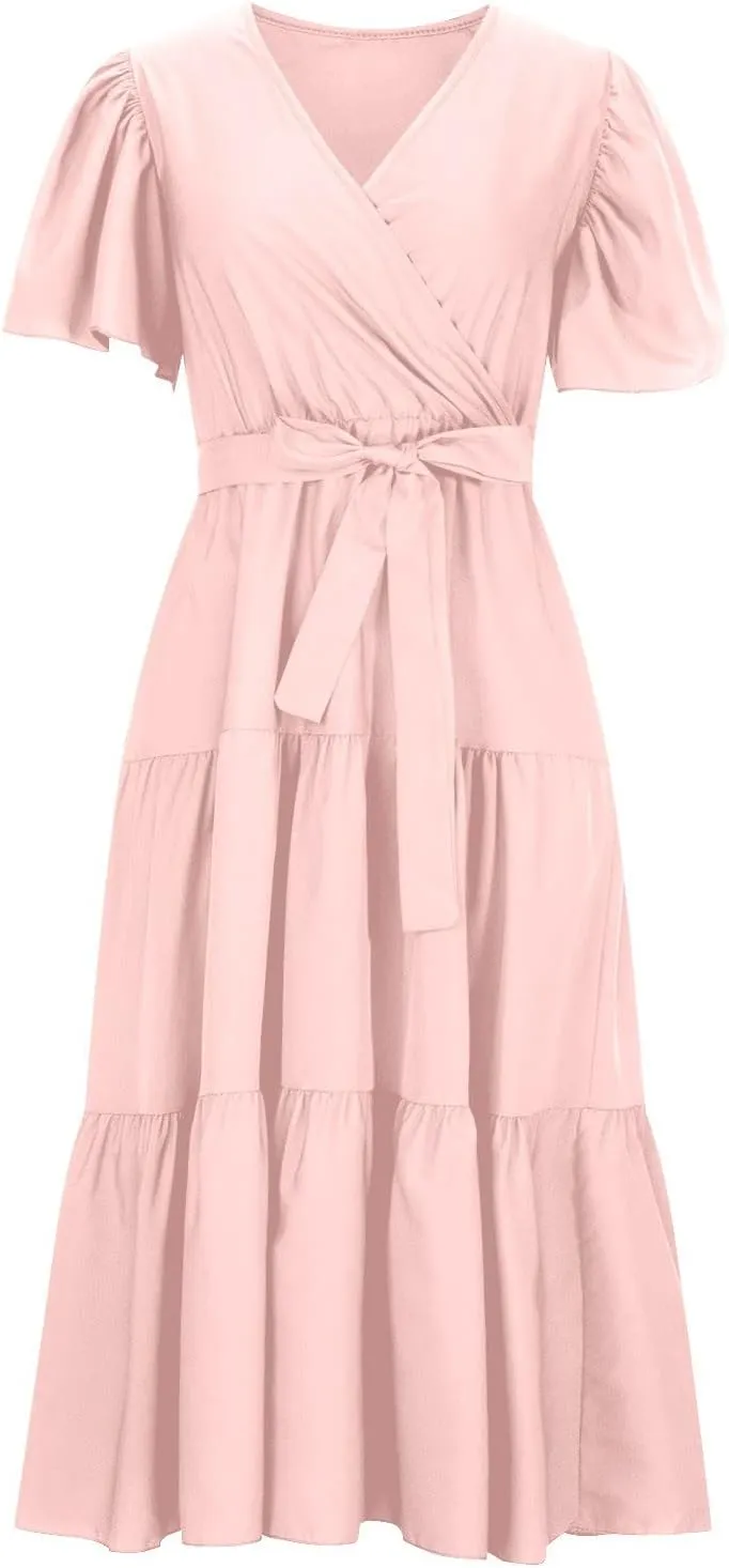 Womens Dresses V Neck Ruffle Sleeve Ankle Length Gowns Flowy Pleated Swing Wrap Boho Beach Dress