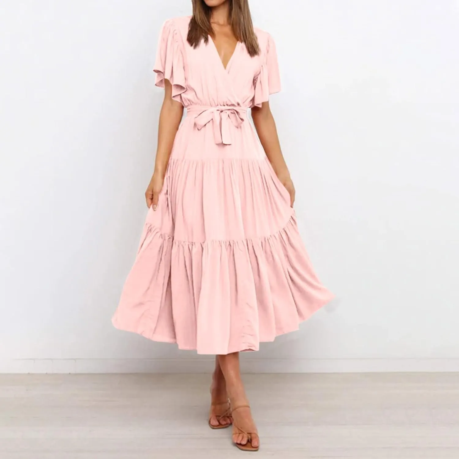 Womens Dresses V Neck Ruffle Sleeve Ankle Length Gowns Flowy Pleated Swing Wrap Boho Beach Dress