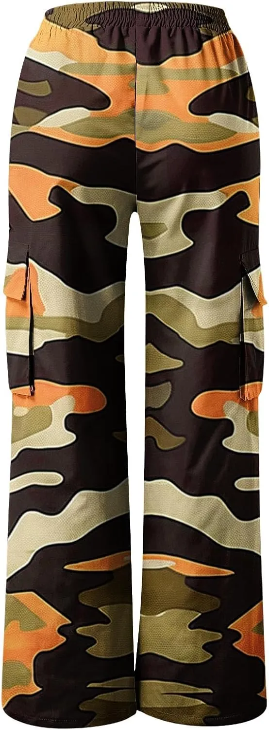 Women's Fashion Camo Cargo Pants, Elastic Waist Drawstring Wide Leg Casual Trousers Outdoor Mountain Hiking Clothes