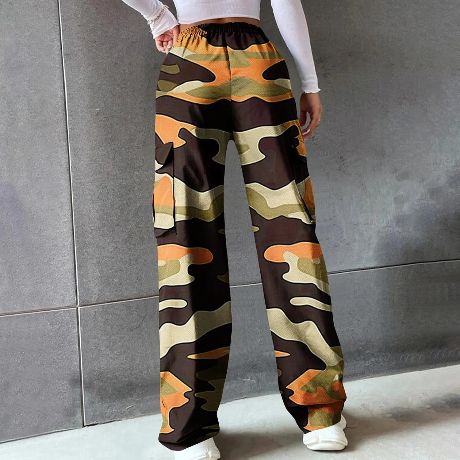 Women's Fashion Camo Cargo Pants, Elastic Waist Drawstring Wide Leg Casual Trousers Outdoor Mountain Hiking Clothes