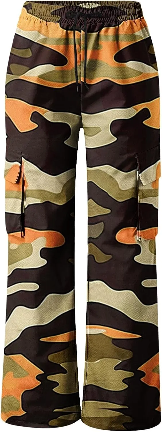 Women's Fashion Camo Cargo Pants, Elastic Waist Drawstring Wide Leg Casual Trousers Outdoor Mountain Hiking Clothes