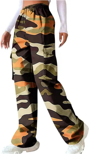 Women's Fashion Camo Cargo Pants, Elastic Waist Drawstring Wide Leg Casual Trousers Outdoor Mountain Hiking Clothes