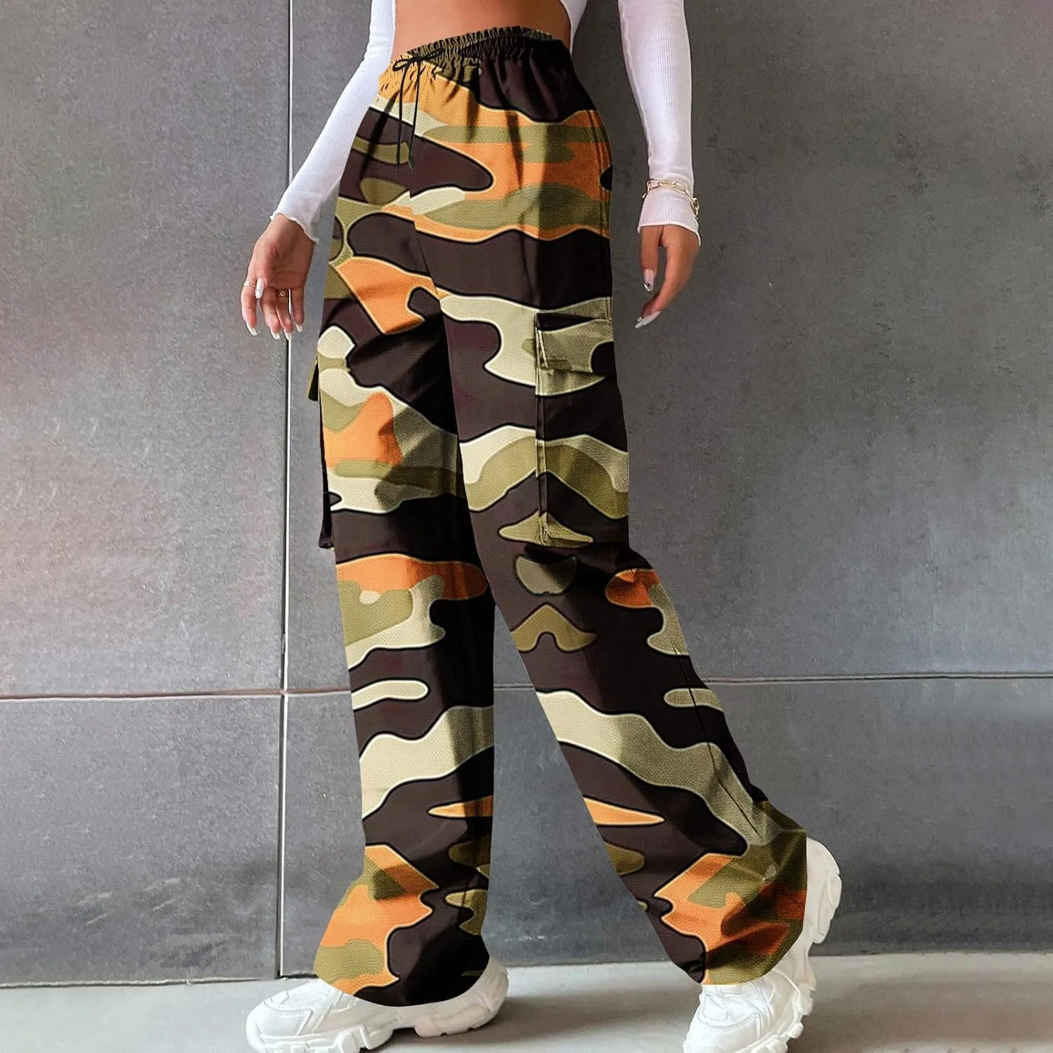 Women's Fashion Camo Cargo Pants, Elastic Waist Drawstring Wide Leg Casual Trousers Outdoor Mountain Hiking Clothes
