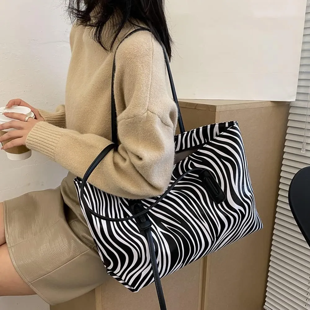 Women's Fashion Leather Handbag - Large Capacity Top Handle Satchel Purse - Casual Shoulder Zebra Tote Bag (Brown)