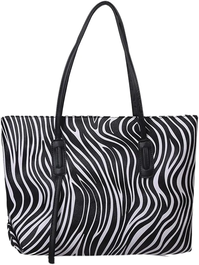 Women's Fashion Leather Handbag - Large Capacity Top Handle Satchel Purse - Casual Shoulder Zebra Tote Bag (Brown)