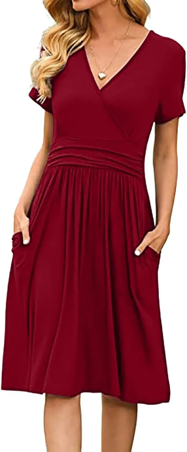 Women's Fashion Short Sleeve Printed Pocket Midi Length Casual Skirt Mix Dresses for Women