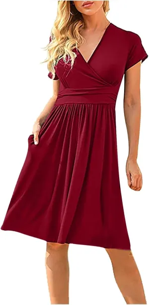 Women's Fashion Short Sleeve Printed Pocket Midi Length Casual Skirt Mix Dresses for Women