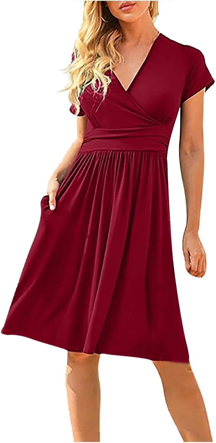 Women's Fashion Short Sleeve Printed Pocket Midi Length Casual Skirt Mix Dresses for Women