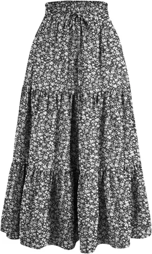 Womens Floral Maxi Skirts 2025 Summer Boho Ruffle Long Skirts for Women Women's A-Line Midi Skirt Flowy Dresses