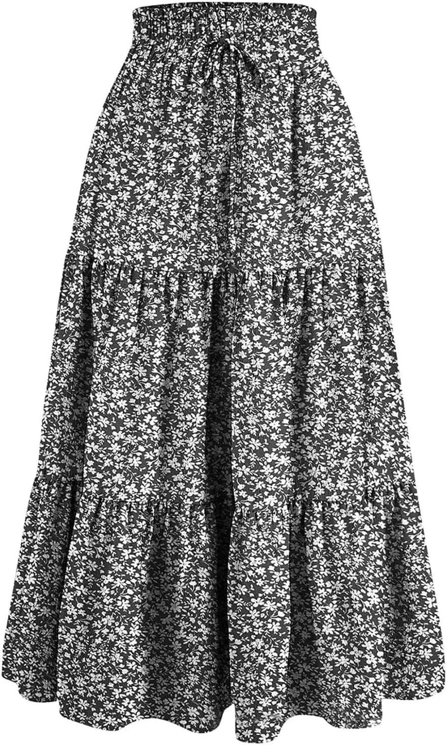 Womens Floral Maxi Skirts 2025 Summer Boho Ruffle Long Skirts for Women Women's A-Line Midi Skirt Flowy Dresses