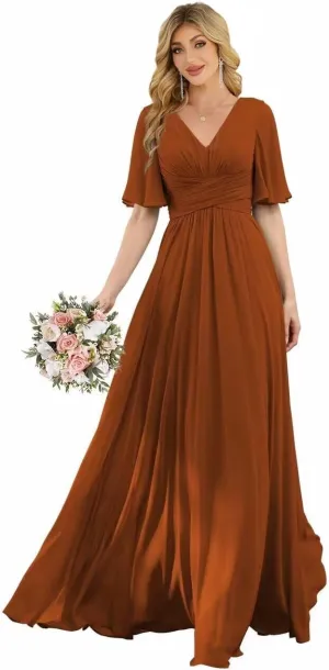 Womens Flutter Sleeve Bridesmaid Dresses Chiffon High Split V Neck Formal Dresses Long with Pockets